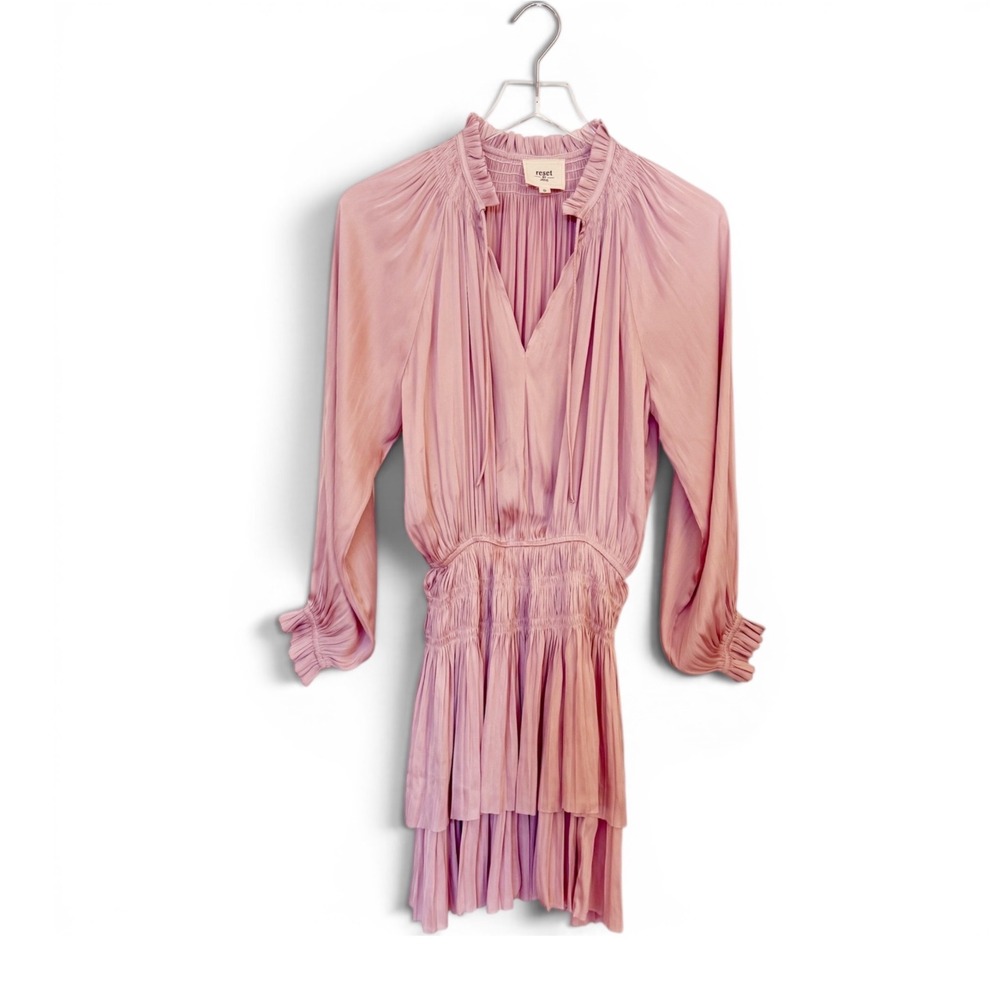Reset by Jane Pink Satin Jamie Ruffle Mini Dress with Smocked Waist Small - Picture 5 of 11